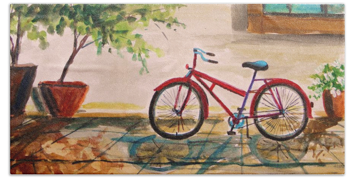 Bike Beach Towel featuring the painting Parked in the Courtyard by John Williams