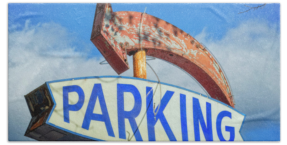 New York Beach Towel featuring the photograph Parking with Rusty Arrow by Lenore Locken