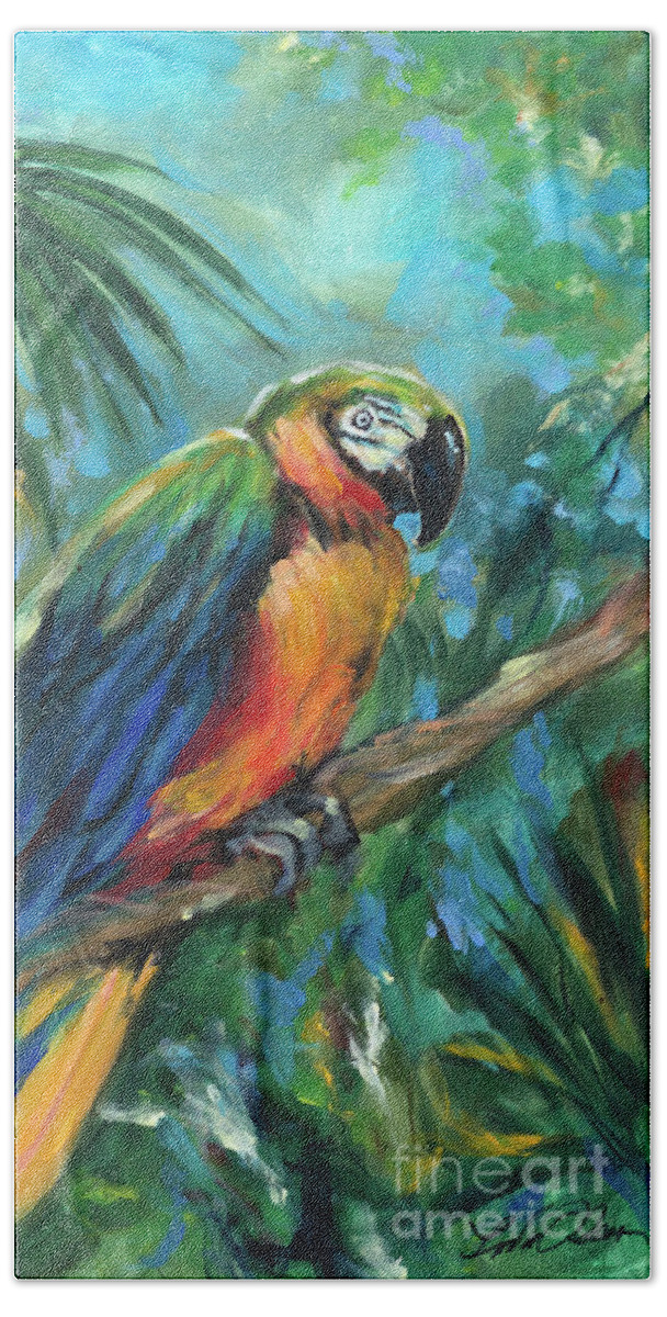 Ocean Beach Towel featuring the painting Parrot Perch by Linda Olsen