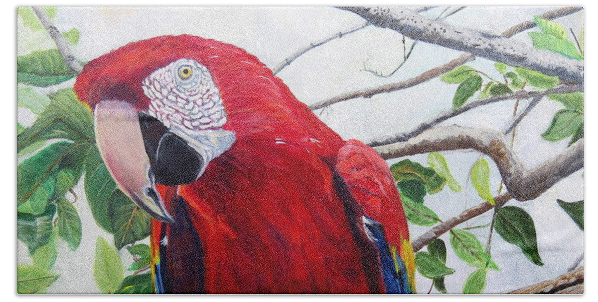 Lake Atitlan Natural Reserve Beach Sheet featuring the painting Parrot Portrait by Marilyn McNish