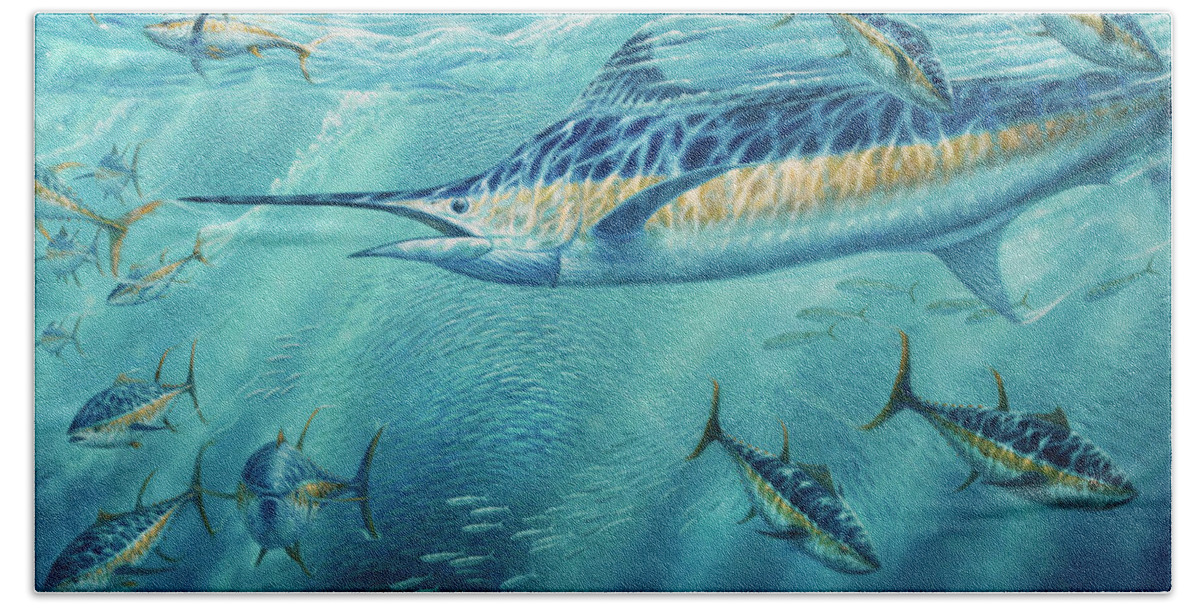 Blue Marlin Paintings Beach Towel featuring the painting Party Crasher by Guy Crittenden