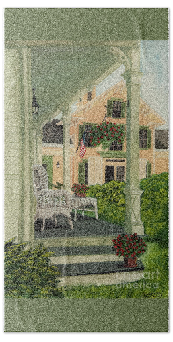 Side Porch Beach Towel featuring the painting Patriotic Country Porch by Charlotte Blanchard