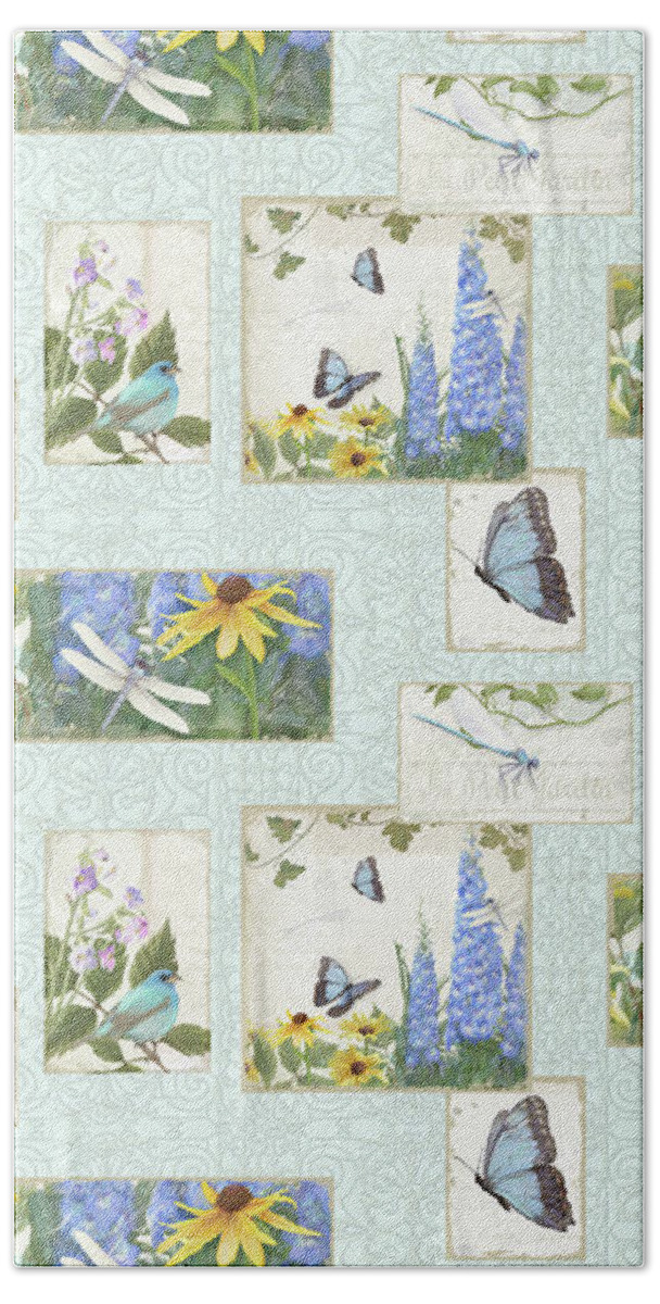 Half Drop Repeat Beach Towel featuring the painting Pattern Butterflies Dragonflies Birds and Blue and Yellow Floral by Audrey Jeanne Roberts