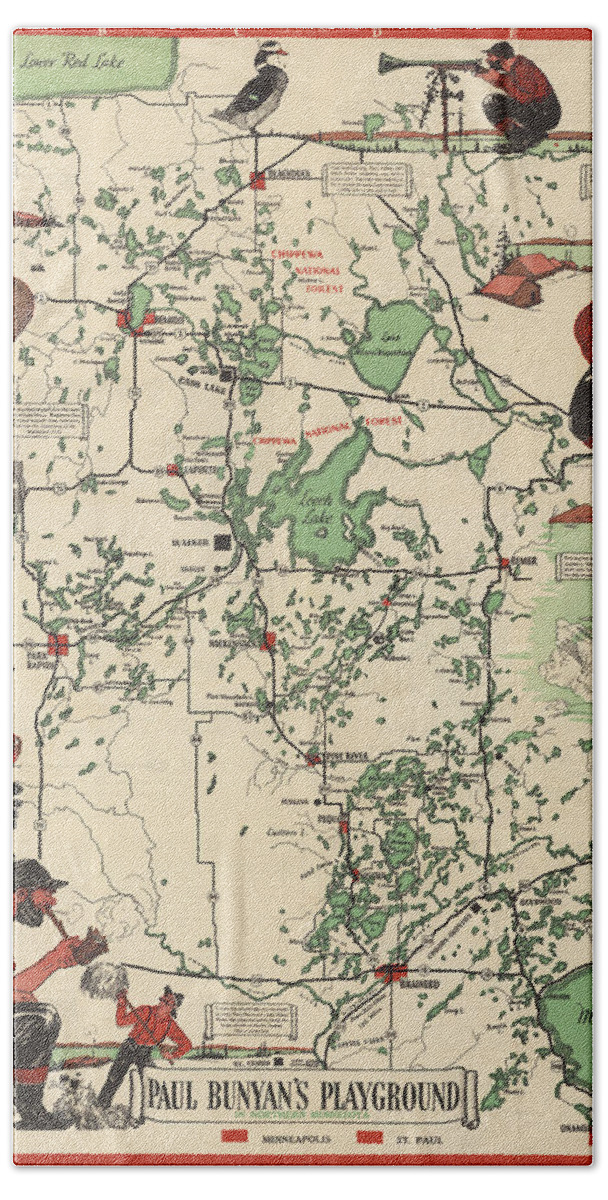 Northern Minnesota Beach Towel featuring the mixed media Paul Bunyan's Playground - Northern Minnesota - Vintage Illustrated Map - Cartography by Studio Grafiikka