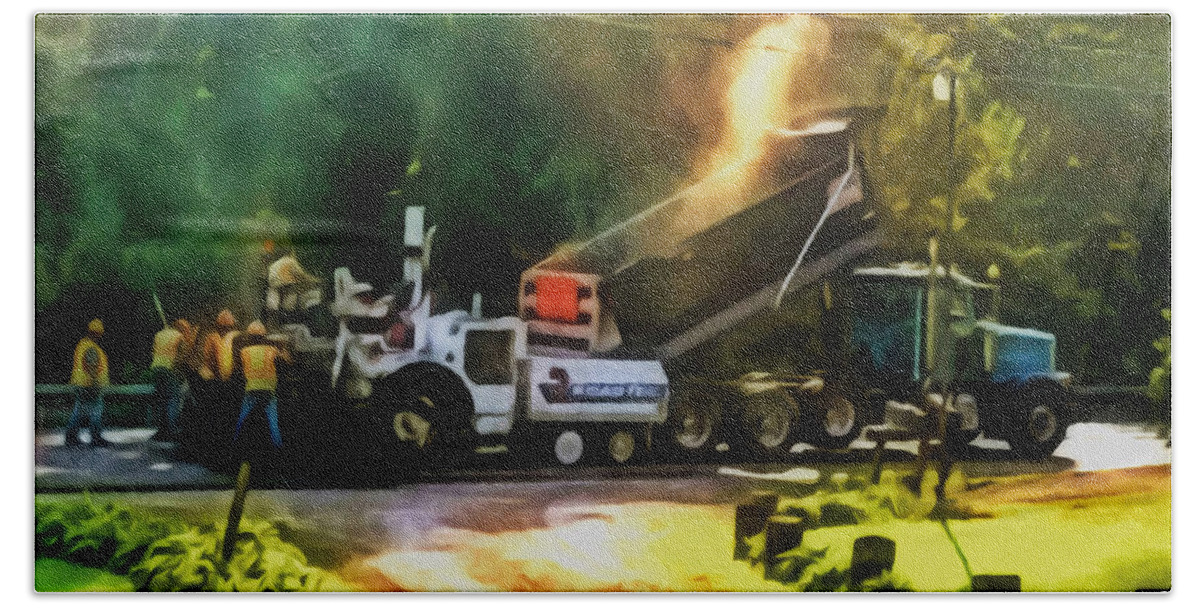 Activity Beach Sheet featuring the painting Pavement machine laying fresh asphalt on top of the gravel base during highway construction by Jeelan Clark