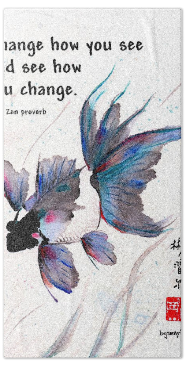 Chinese Brush Painting Beach Towel featuring the painting Peace in Change with Zen proverb by Bill Searle
