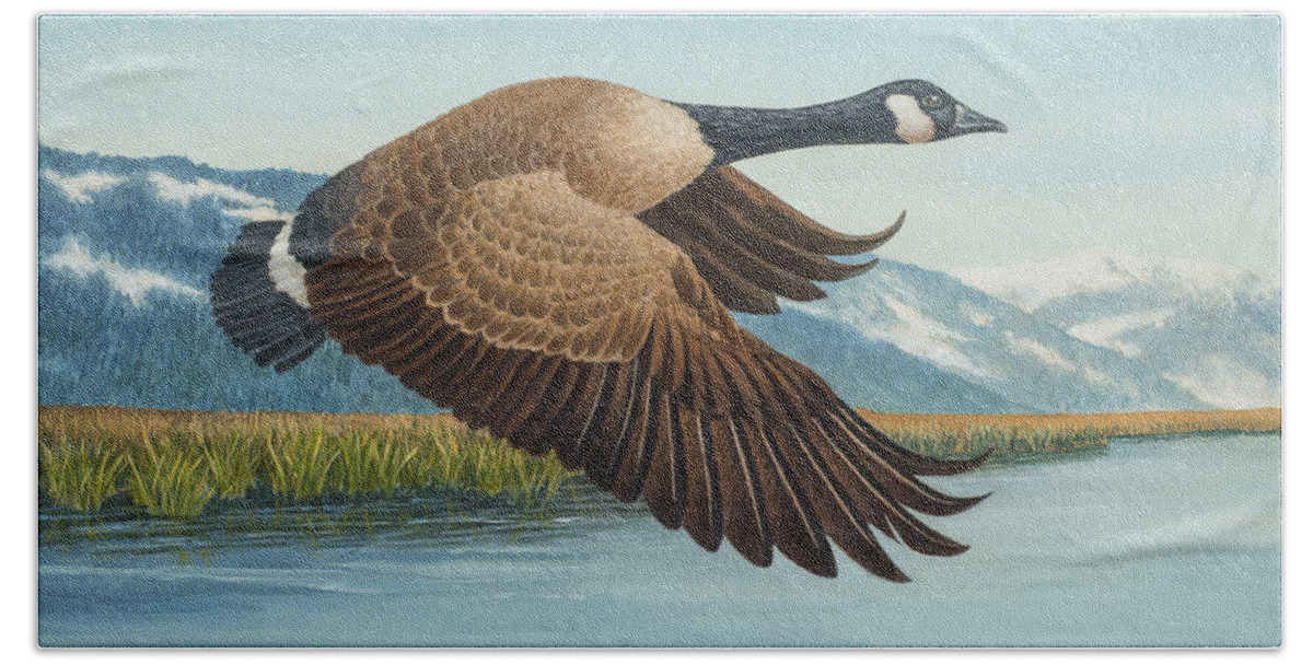Canada Goose Beach Sheet featuring the painting Peaceful Flight by Del Malonee