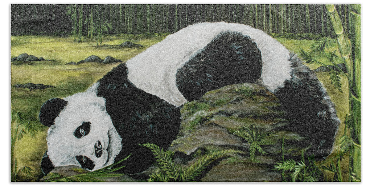 Panda Bear Beach Towel featuring the painting Peaceful Panda by Vivian Casey Fine Art