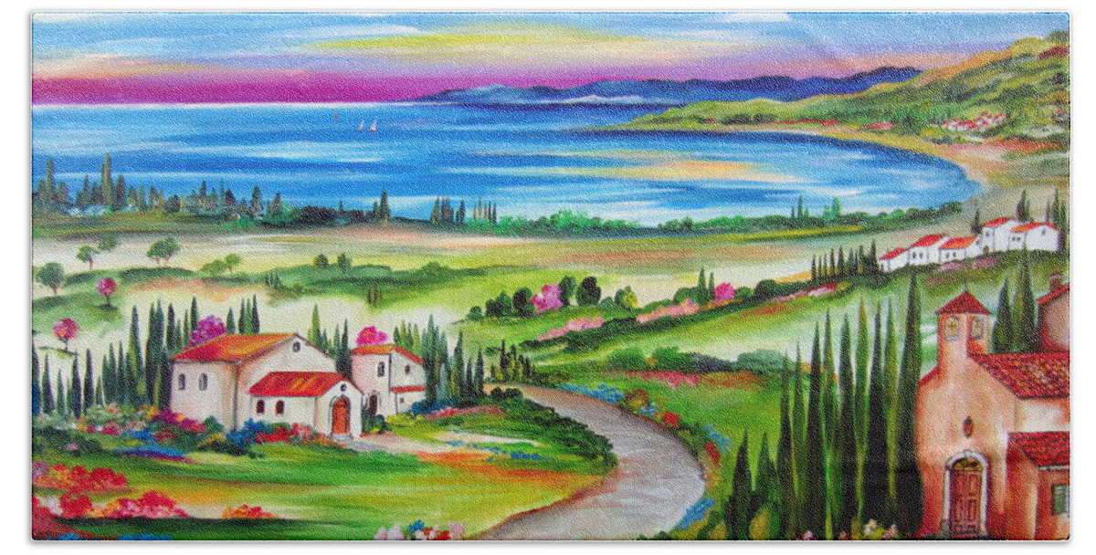 Village Beach Sheet featuring the painting Peaceful Village by the Lake by Roberto Gagliardi