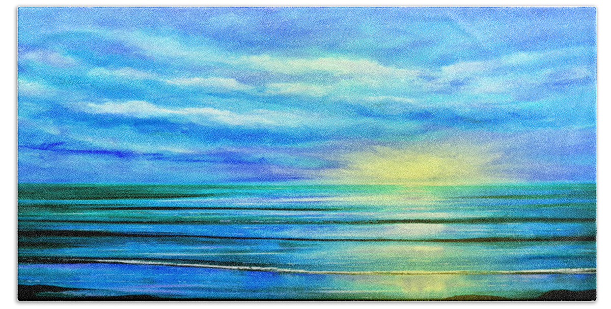 Sunset Beach Towel featuring the painting Peacefully Blue - Panoramic Sunset by Gina De Gorna