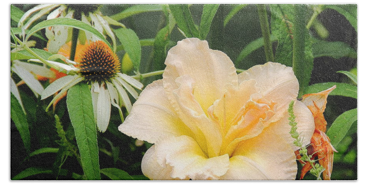 Flowers Beach Towel featuring the photograph Peach Daylily by Allen Nice-Webb