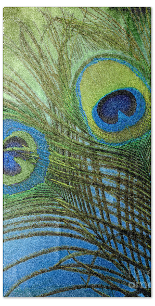 Peacock Feathers Beach Towel featuring the painting Peacock Candy Blue and Green by Mindy Sommers