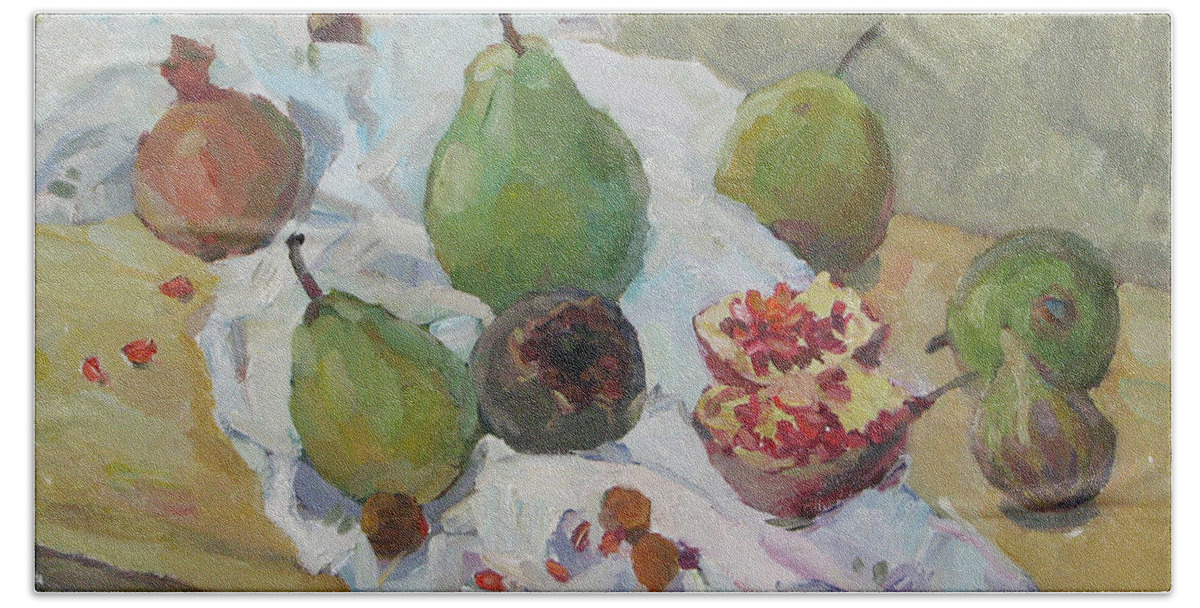 Nature Beach Sheet featuring the painting Pears Figs and Young Pomegranates by Juliya Zhukova