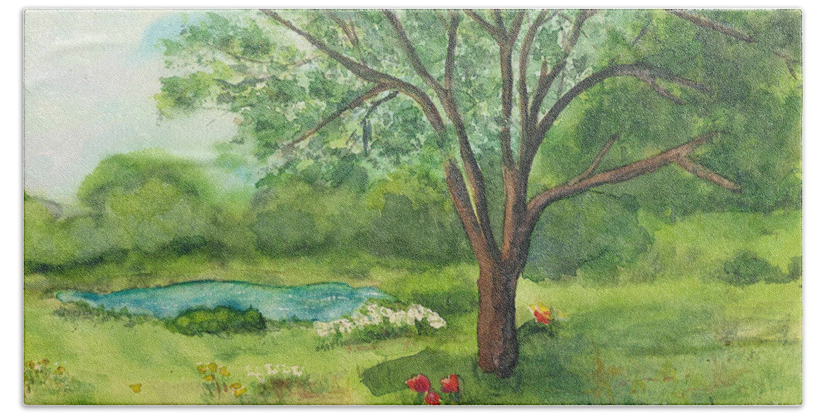 Landscape Beach Towel featuring the painting Pedro's Tree by Vicki Housel