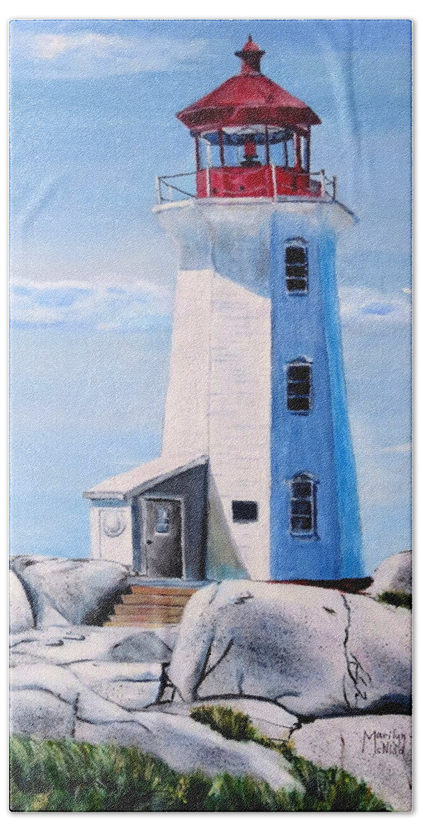 Peggy's Cove Beach Towel featuring the painting Peggy's Cove Lighthouse by Marilyn McNish