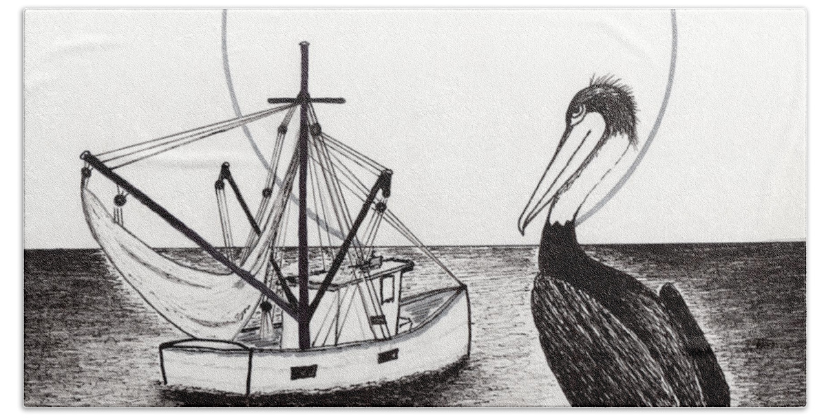 Pelican Beach Towel featuring the drawing Pelican Fishing Paradise C1 by Ricardos Creations