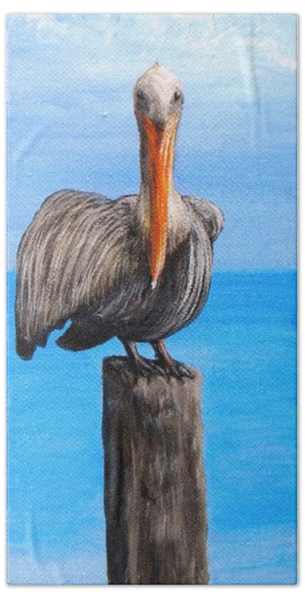 Pelican Beach Towel featuring the painting Pelican on Pier by JoAnn Wheeler