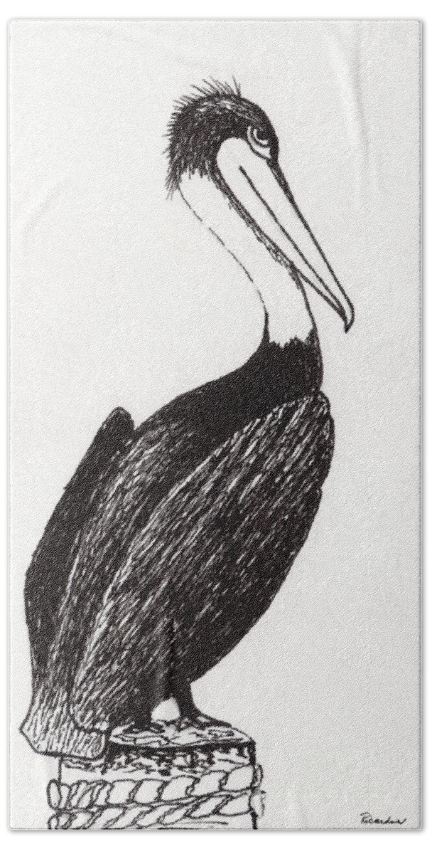 Animals Beach Towel featuring the drawing Pelican Paradise Portrait in Ink C2L by Ricardos Creations