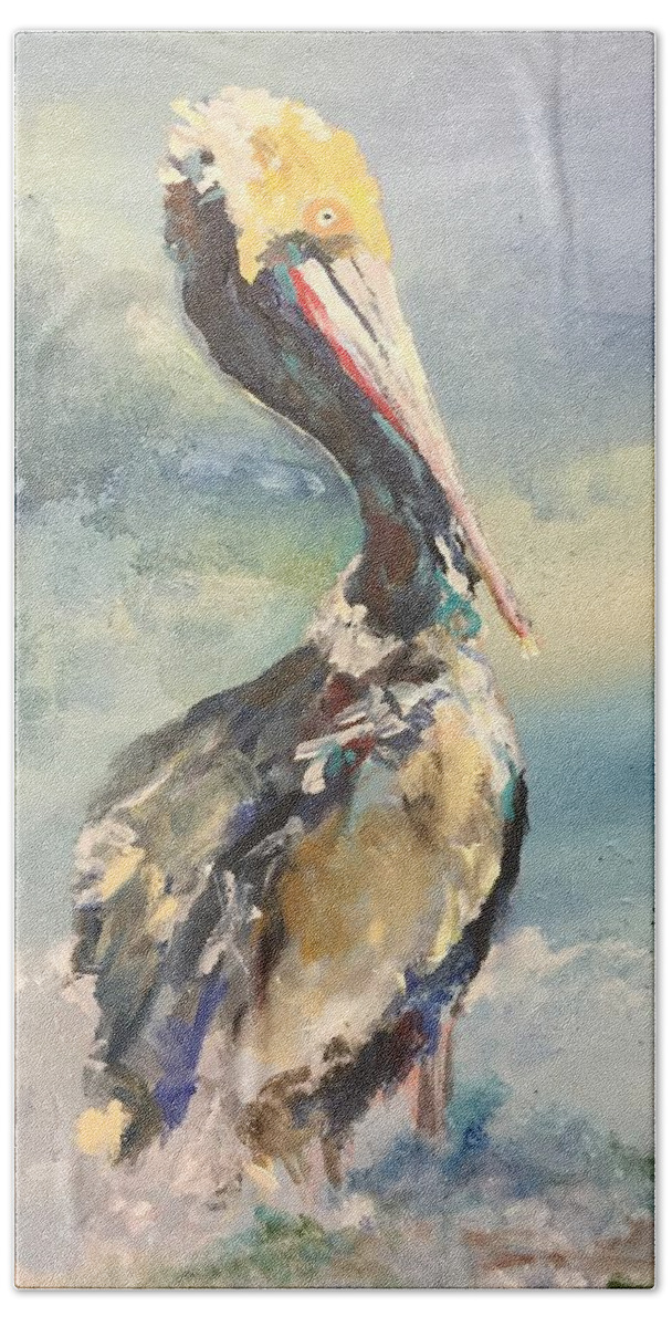 Pelican Beach Towel featuring the painting Pelican Perch by Karen Ahuja
