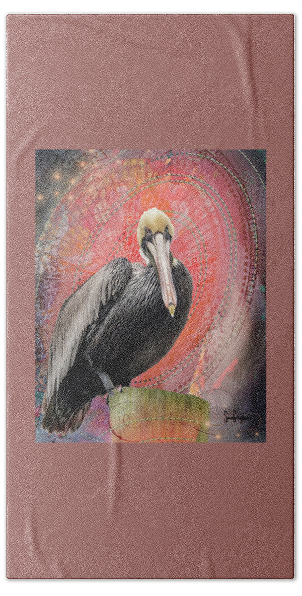 Pelican Beach Towel featuring the digital art Pelican With Red by Sandra Schiffner