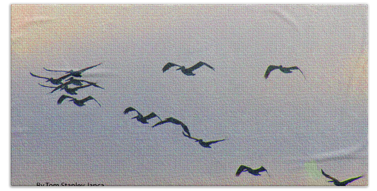 Pelicans Heading Home After Fishing All Day Beach Towel featuring the digital art Pelicans Heading Home After Fishing All Day by Tom Janca