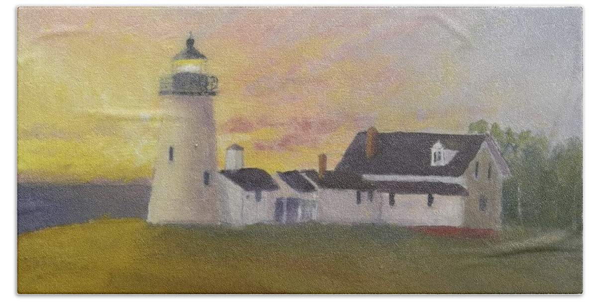 Sunrise Lighthouse Ocean Landscape Maine Pemaquid Point Bristol Beach Sheet featuring the painting Pemaquid's First Light by Scott W White