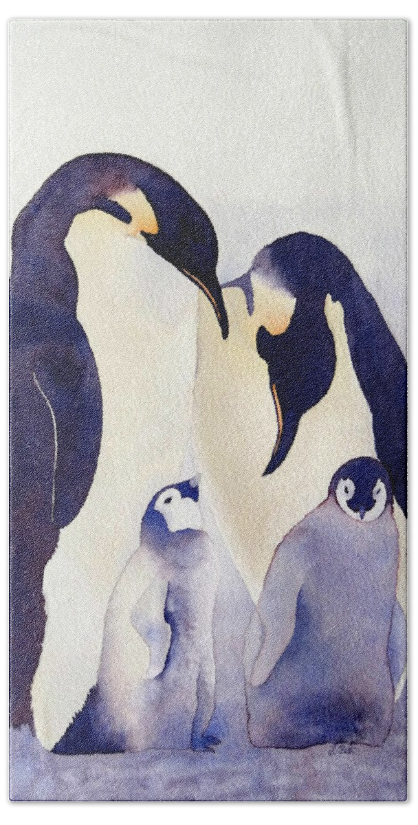 Penguin Beach Towel featuring the painting Penguin Family by Laurel Best