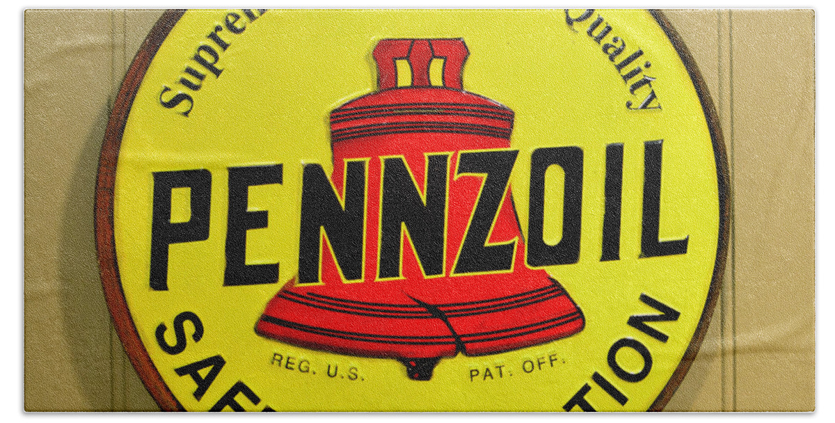 Pennzoil Sign Beach Towel featuring the photograph Pennzoil sign by David Lee Thompson