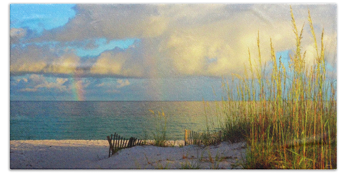 Rainbow Beach Sheet featuring the photograph Pensacola Rainbow at Sunset by Marie Hicks