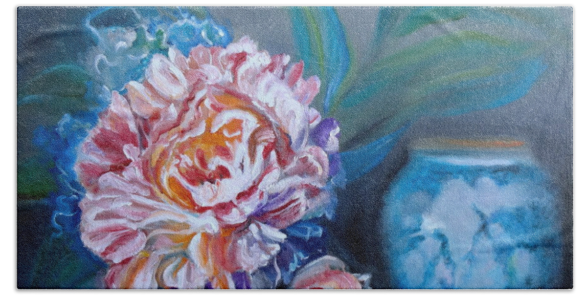 White Peony Beach Sheet featuring the painting Peony and chinese Vase by Jenny Lee