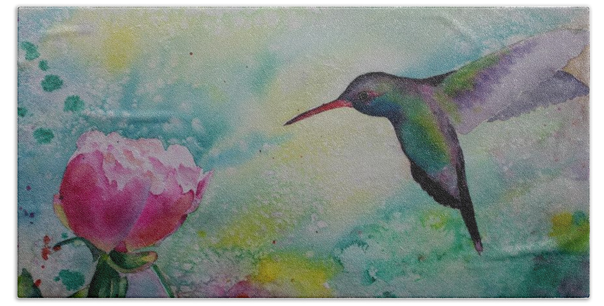 Flower Beach Towel featuring the painting Peony and hummingbird by Ruth Kamenev