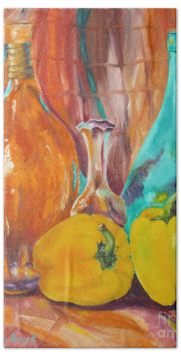 Decor Beach Towel featuring the painting Peppers and Vases by Lisa Boyd