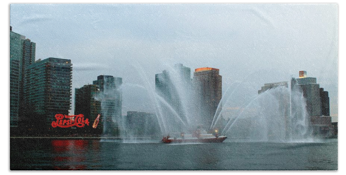 Nyfd Fire Boat Beach Sheet featuring the photograph Pepsi sign and FDNY by Catie Canetti