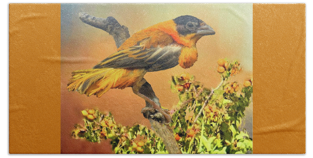 Petite Beach Sheet featuring the photograph Petit Oiseau dans Plaqueminier or Small Bird in Persimmons by Janette Boyd