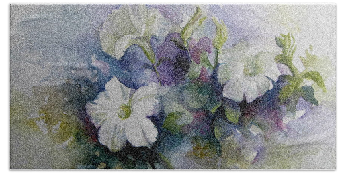Petunias Beach Sheet featuring the painting Petunias in summer by Elena Oleniuc