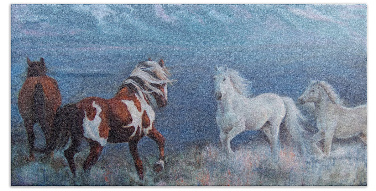 Horse Painting Beach Towel featuring the painting Phantom of the Mountains by Karen Chatham
