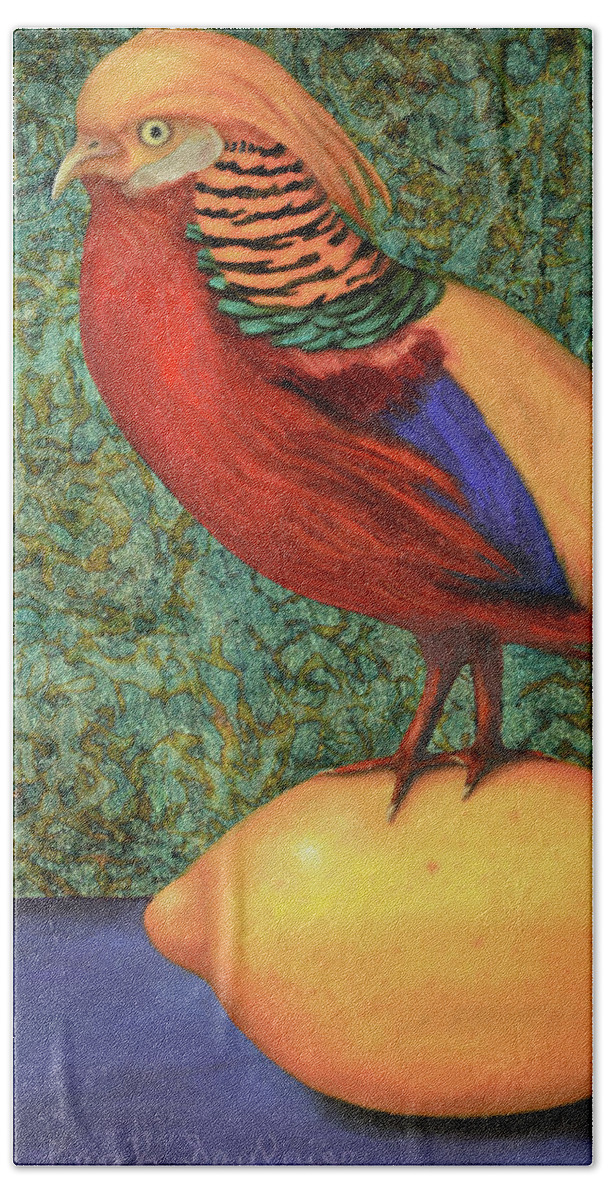 Pheasant Beach Towel featuring the painting Pheasant On A Lemon by Leah Saulnier The Painting Maniac