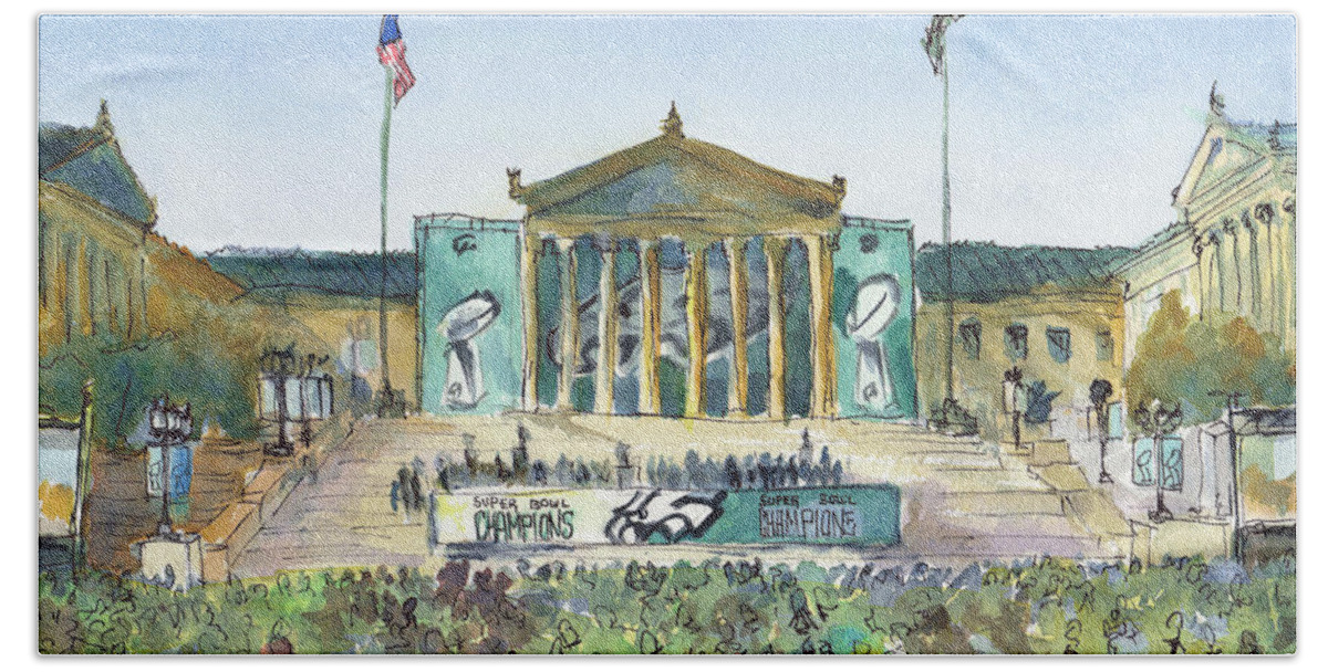 Philadelphia Eagles Super Bowl Nfl Football Champion Art Museum Philly Phila Parade Beach Towel featuring the painting Philadelphia Eagles, Flying High by Elissa Poma