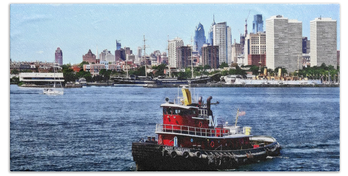 Philadelphia Beach Towel featuring the photograph Philadelphia PA - Tugboat by Philadelphia Skyline by Susan Savad