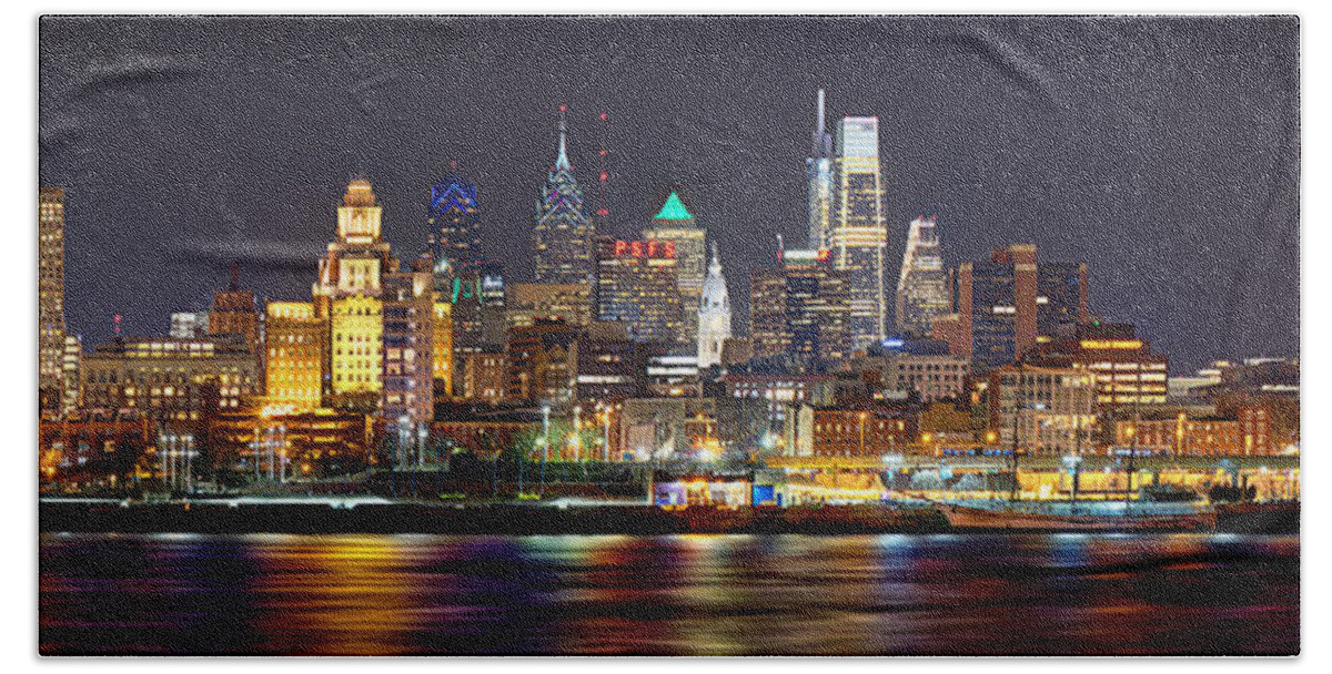 Philadelphia Skyline At Night Beach Towel featuring the photograph Philadelphia Philly Skyline at Night from East Color by Jon Holiday