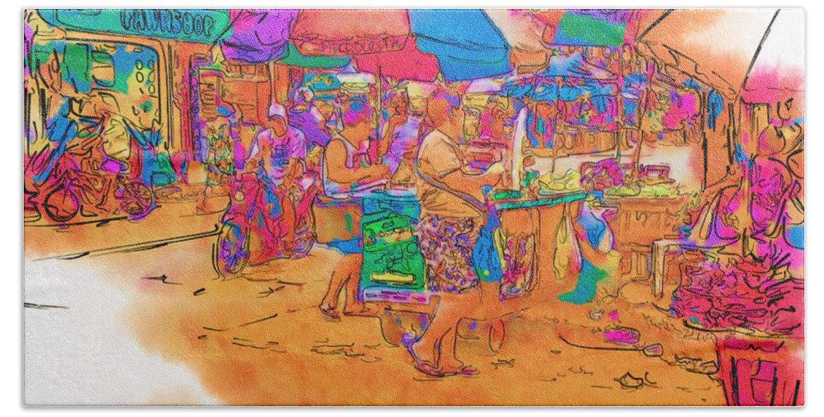 Asia Beach Towel featuring the drawing Philippine Open Air Market by Rolf Bertram