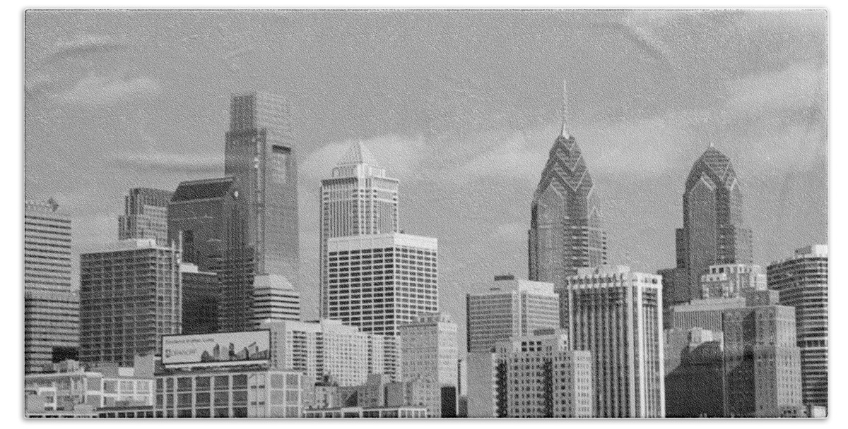 Philadelphia Beach Sheet featuring the photograph Philly skyscrapers black and white by Jennifer Ancker