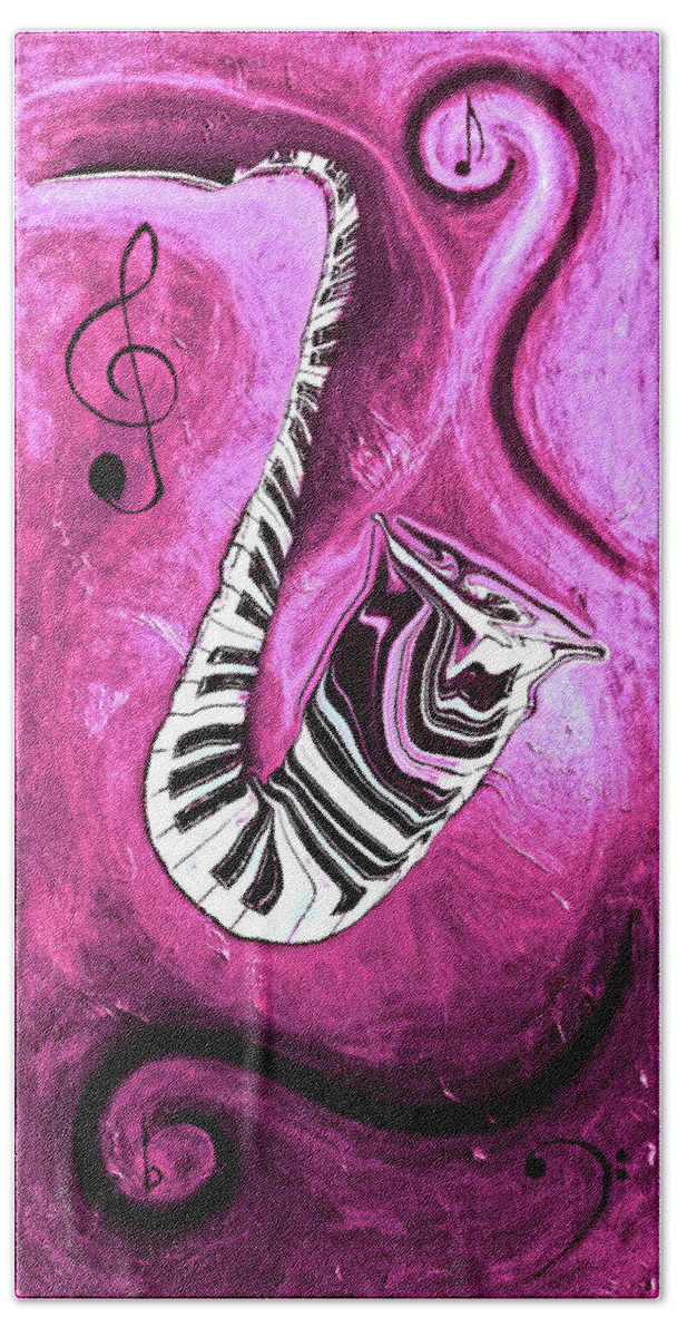 Piano Keys In A Saxophone Hot Pink - Music In Motion Beach Towel featuring the mixed media Piano Keys in a Saxophone Hot Pink - Music In Motion by Wayne Cantrell