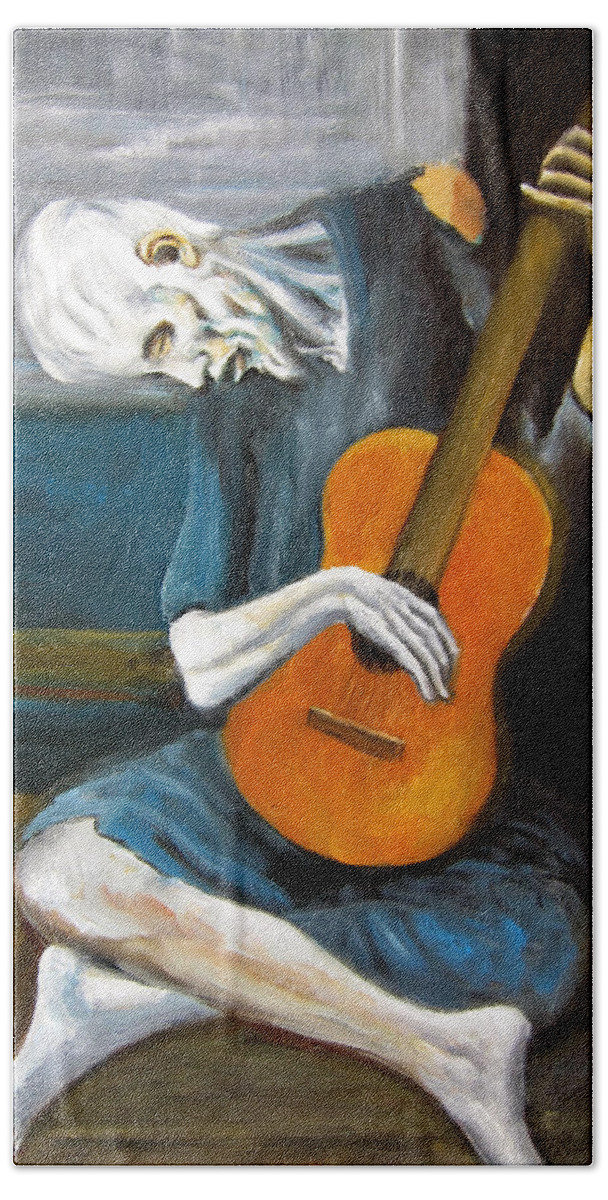 Picasso's Original Reproduction Beach Towel featuring the painting Picasso's Old Guitarist by Leonardo Ruggieri