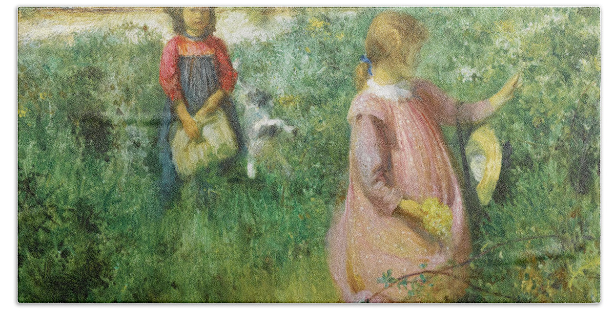Arthur Hacker Beach Towel featuring the painting Picking Wildflowers by Arthur Hacker