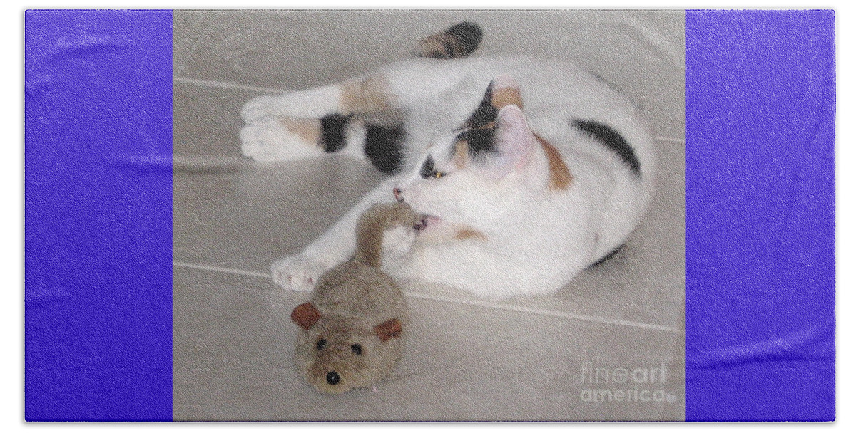 Cat Beach Towel featuring the photograph Pico and Toy Mouse by Phyllis Kaltenbach