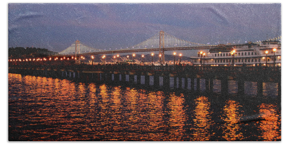 Bonnie Follett Beach Towel featuring the photograph Pier 7 and Bay Bridge Lights at Sunset photo painting by Bonnie Follett
