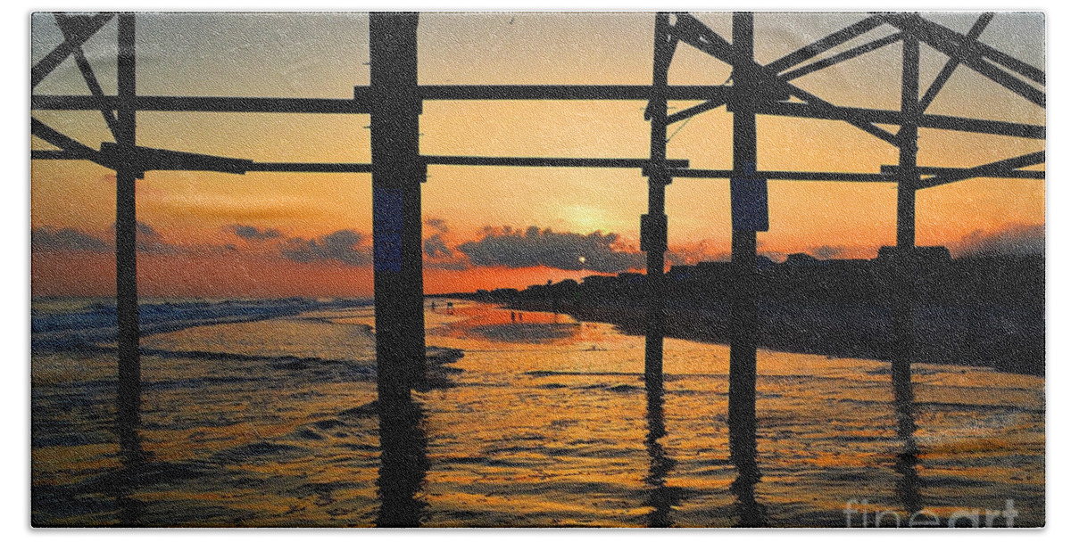 Sunset Beach Sheet featuring the photograph Oak Island Pier Sunset by Amy Lucid