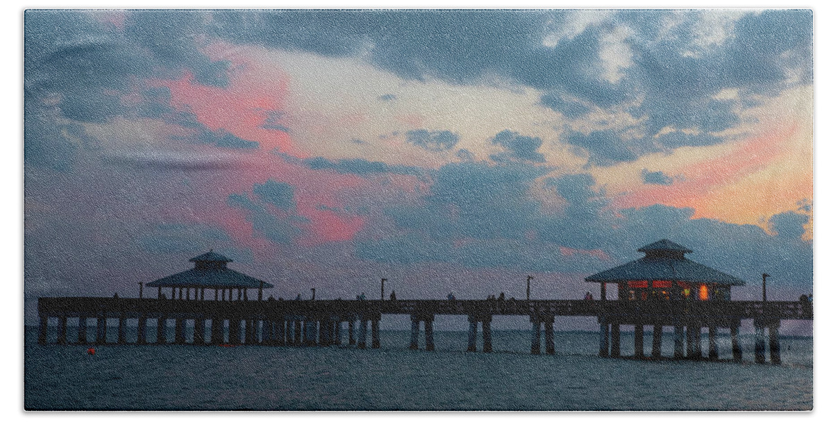 Fort Myers Beach Beach Towel featuring the photograph Pier Sunset At Fort Myers Beach by Janice Adomeit