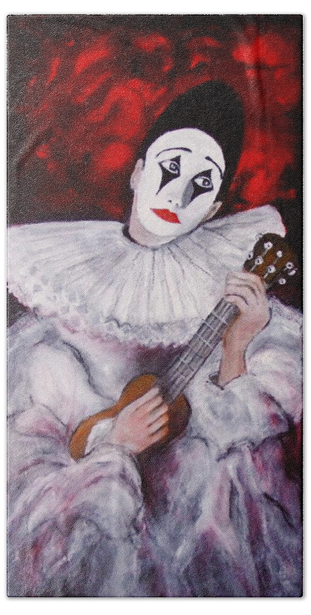 Mime Beach Sheet featuring the painting Pierrot With Guitar by Myra Evans